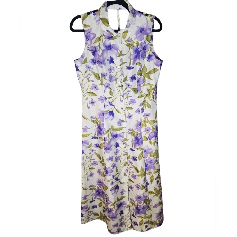 0003 Betsy's Things Sleeveless Button Maxi Dress White Purple Floral Size 12